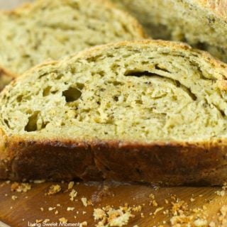 no knead pesto bread: this crusty pesto bread is easy to make and full of delicious pesto flavor. It requires no kneading and is baked in a dutch pan. Yummy